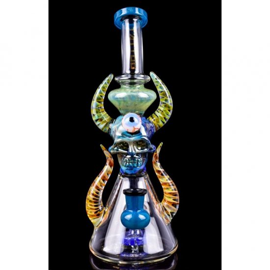 Twin Horned Skull Bong 12\" Showerhead Rig Tattoo Glass Aqua New