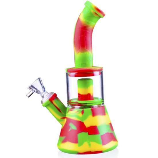 10\" Silicone Bong with Removable Showehead Perc and a center Glass Barrel - Tilted New