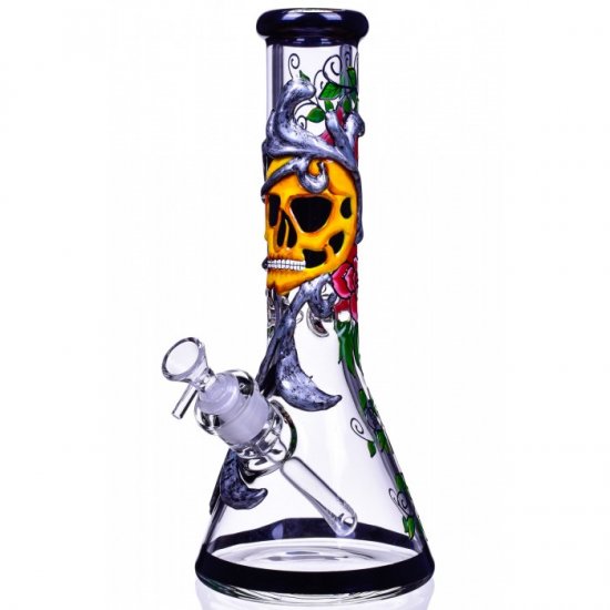 Sugar Skull 13\" Artistic Work Thick Beaker Base Bong New