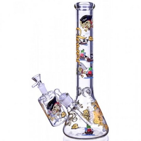 Pirate of Caribbean Clover Glass 15" 7mm Thick Decal Beaker Bong w/ Ashcatcher New