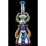 Twin Horned Skull Bong 12" Showerhead Rig Tattoo Glass Aqua New