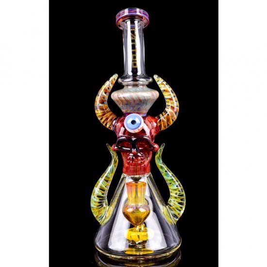 Twin Horned Skull Bong 12\" Showerhead Rig Tattoo Glass Red New