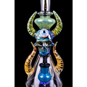 Twin Horned Skull Bong 12" Showerhead Rig Tattoo Glass Aqua New