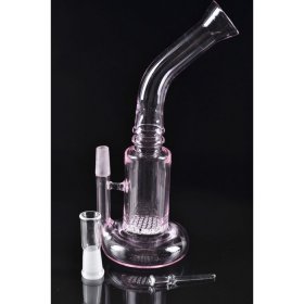 7" Micro Honeycomb Oil Rig Water Pipe Tilted Saucer Chamber Pink Tinted Glass New