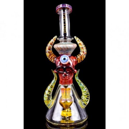 Twin Horned Skull Bong 12" Showerhead Rig Tattoo Glass Red New