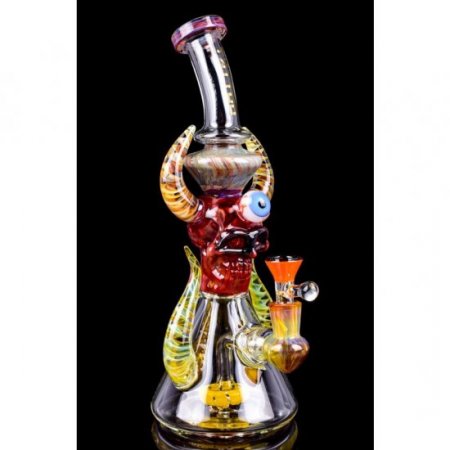 Twin Horned Skull Bong 12" Showerhead Rig Tattoo Glass Red New